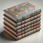 A realistic image of a stack of Islamic or religious books